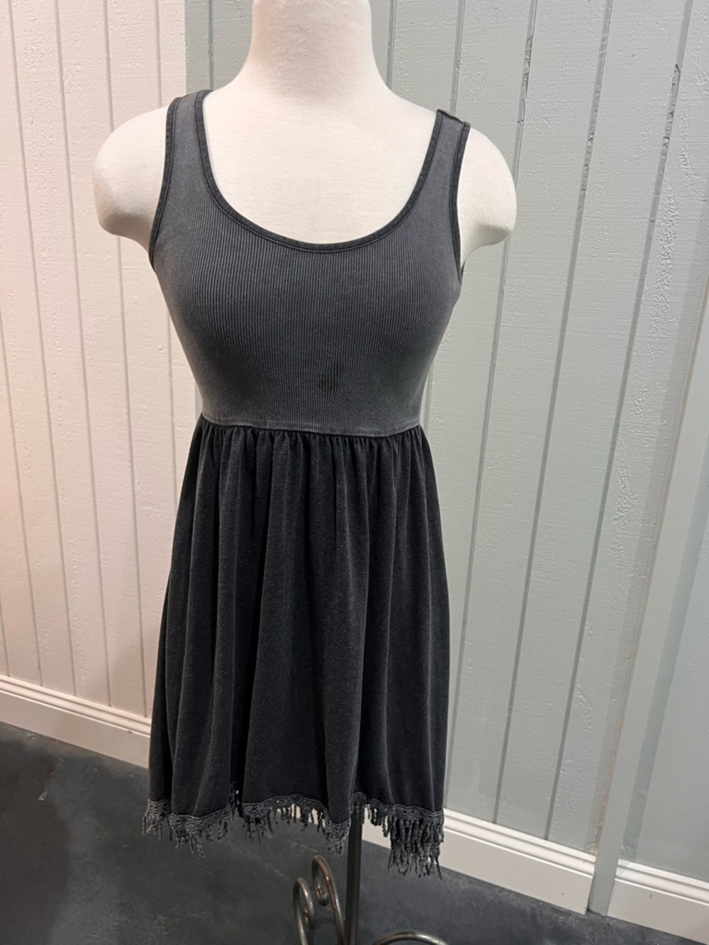 miami Black Sleeveless Tank Dress with Fringe Hem